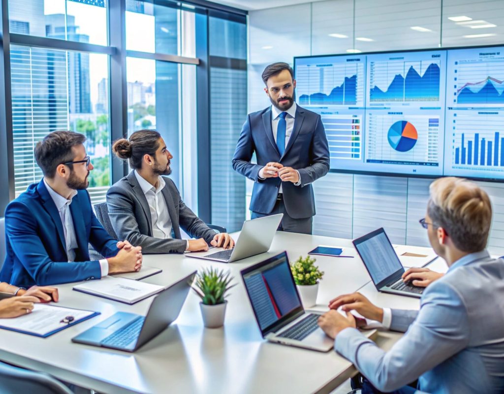 Business people in meeting, looking at presentation.